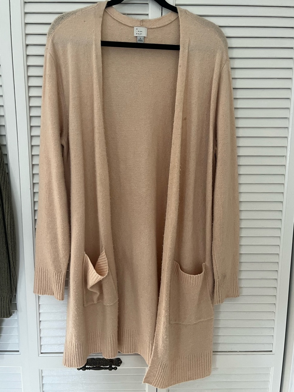 Long Open-Front Cardigan Sweater in Light Beige